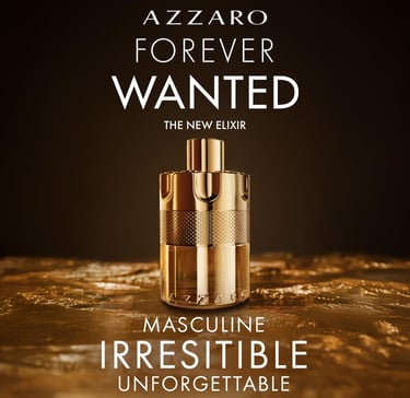 Gold Azzaro Forever Wanted Elixir perfume bottle for men on a textured golden surface.
