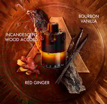 Azzaro Wanted perfume with red ginger, bourbon vanilla, and wood accord on a bronze background.