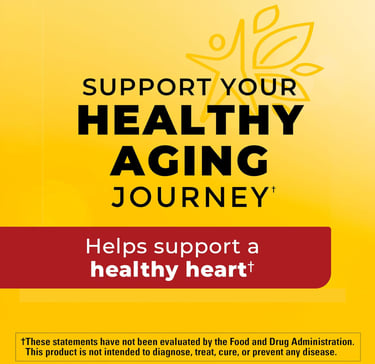 Yellow nutritional supplement graphic for healthy aging and heart health support.
