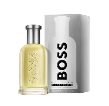 Hugo Boss Bottled Eau de Toilette 100ml spray bottle with silver packaging on white background.