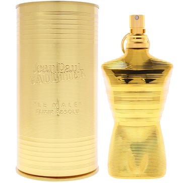 Jean Paul Gaultier Le Male Elixir perfume bottle and gold canister packaging.
