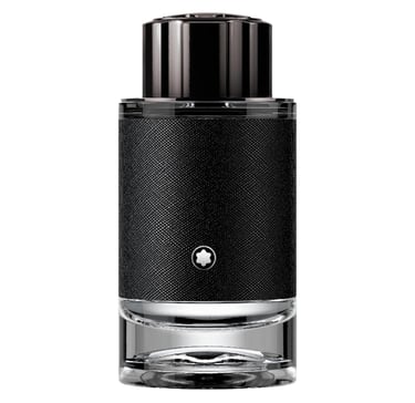 Montblanc Explorer Eau de Parfum bottle with black textured wrap and silver logo on a white background.
