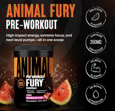 Animal Fury high-stim pre-workout powder in watermelon flavor with 350mg caffeine for energy.