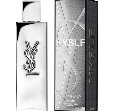 Yves Saint Laurent MYSLF Le Parfum 100ml silver metallic bottle and textured black box.
