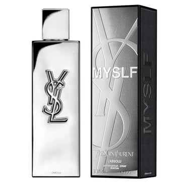Yves Saint Laurent MYSLF Le Parfum bottle and box, luxury men's fragrance in sleek black and silver packaging.