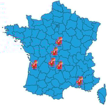 Carte de la France avec une épingle sur Bordeaux, Aurillac, Bourges, Istres, Guéret et Brive
