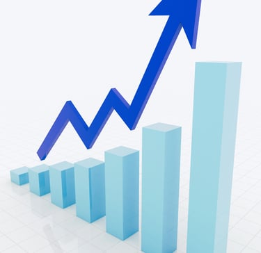 a blue arrow pointing up to a graphing bar chart