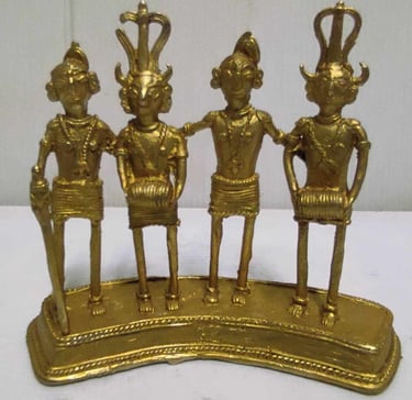 "Gold-painted brass sculpture of four tribal dancers–handcrafted Bastar ethnic decor-Export-standard"