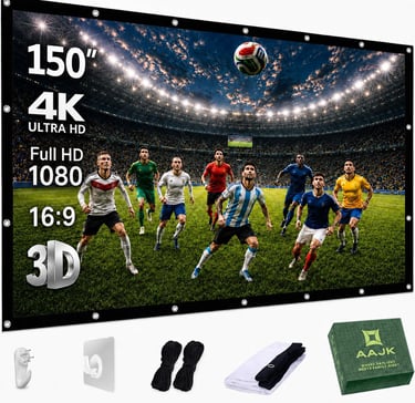 A 150-inch 4K outdoor projector screen displaying a soccer game with professional athletes in a stadium.