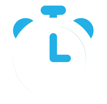 White clock icon with blue accent for hour and minute hands and alarm bell