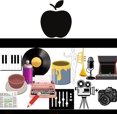 Silhouette of an apple sitting atop a crusher that is destroying creative tools