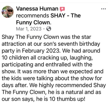 "Shay The Funny Clown made our son's 7th birthday a blast! The kids laughed, joined in, and loved it