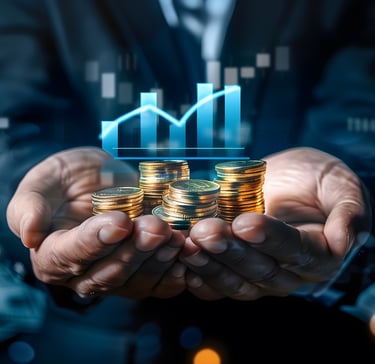 person holding gold in his hand with investing chart above symbolizing gold in markets and industry