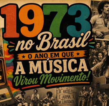 Vintage collage poster of 1973 Brazilian music movement featuring Tropicalia artists and retro radio.