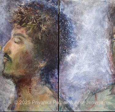 A painting depiciting tension between three desi men by Anuj Jenveja and Priyanka Pathak 