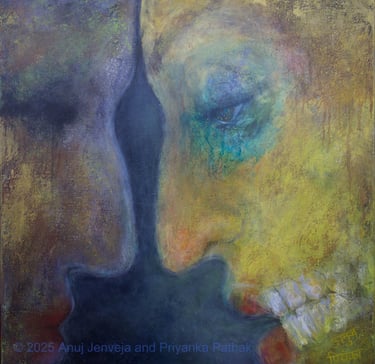art about grief by Priyanka Pathak and Anuj Jenveja - painting of two facies touching foreheads