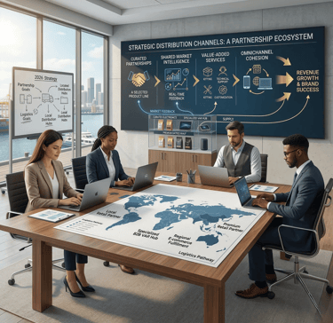 Professional team analyzing a strategic distribution partnership ecosystem and global logistics map on a digital table.