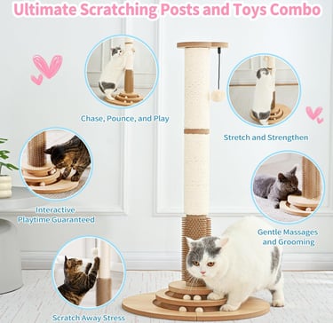 Made4Pets Wooden Tall Cat Scratching Post for Indoor Cats 34" with Interactive Toys & Brush