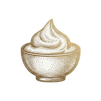 Vintage gold stippled illustration of a swirl of cream in a bowl on a black background.
