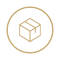A minimalist gold outline of a cardboard delivery box icon inside a circle on a black background.