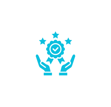 Blue quality assurance icon featuring hands holding a certified award ribbon with three stars.