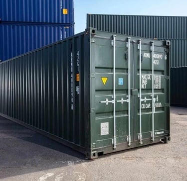 A 40ft dark green steel shipping container for logistics and cargo transport.