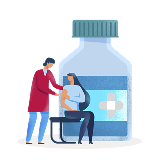 Illustration of a doctor giving a patient a vaccination injection in front of a large medicine vial.