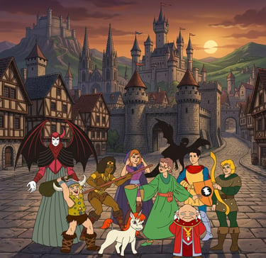 Personagens do desenho animado Dungeons and Dragons reunidos em uma vila medieval fantástica com um