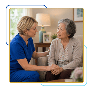 Caregiver at eye level reassuring senior with dementia, offering calm guidance, emotional support, and compassionate care