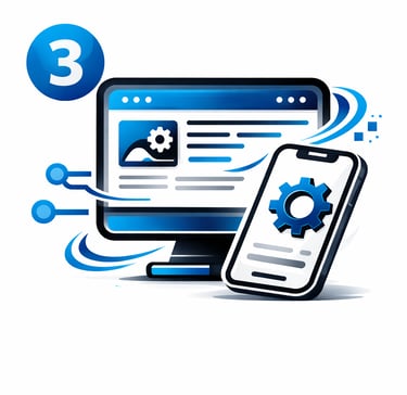 Website development process on desktop and mobile with coding and system integration tools