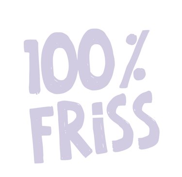 Levendulaszínű, kézzel írt szöveg: „100% FRISS” fehér háttérrel.