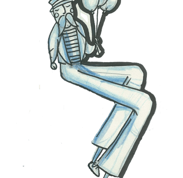 Whimsical blue ink illustration of a tall man in a sailor suit holding balloons on a black background.