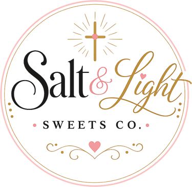 Salt and Light Sweets Co. logo featuring a cross, elegant cursive typography, and pink heart accents.