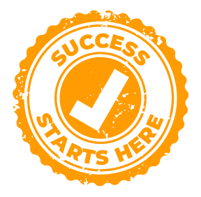 Orange grunge stamp icon with a checkmark and the motivational text Success Starts Here.
