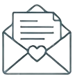 Line art icon of an open envelope with a letter and a heart seal representing email marketing.