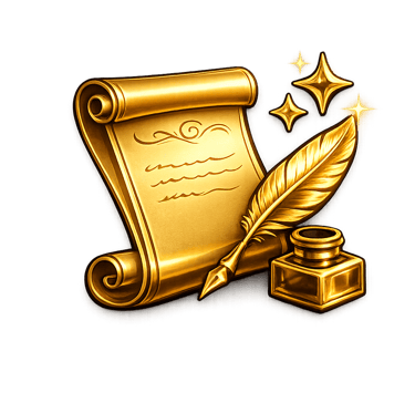 Golden quill pen with inkwell and magic parchment scroll icon on a black background.