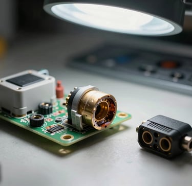 Extreme close-up of a burnt electrical connector removed from a washing machine control board, placed next to the replacement part on a workbench, overhead work light, both components sharp in focus, no color grade, documentary framing showing the failure point clearly