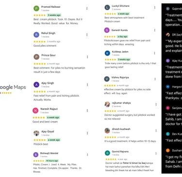 Foxbick Google Reviews — 4.5+ stars, multiple customers praising Pilobick ointment for piles relief