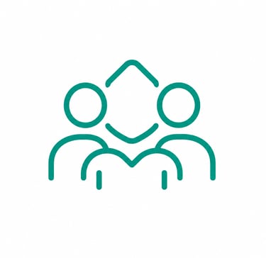 Minimalist teal community icon featuring three stylized people symbols for teamwork and group collaboration.