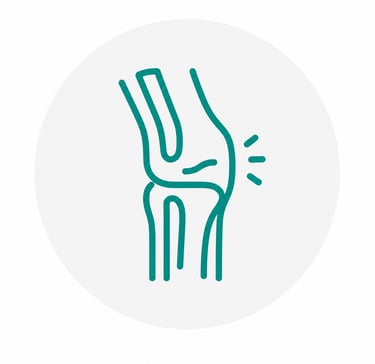 A teal line art icon of a human knee joint showing pain or inflammation for medical health concepts.