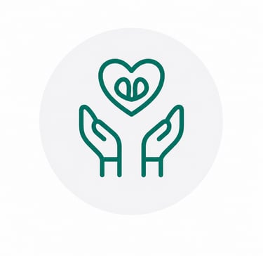 Green line icon of hands cupping a heart with leaves inside representing growth and healthcare.