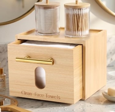 Bamboo clean face towels dispenser drawer with cotton swab holder storage on top.