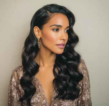 Soft Hollywood waves wedding guest hairstyle glossy finish