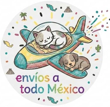 Ilustración de un gato y un perro durmiendo en un avión para envíos por todo México.