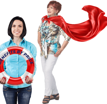 Photo of Pat Price in superhero cape with adult woman holding a lifesaver with "Benefits by Price"