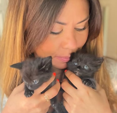 2 chatons noirs portés par femme
