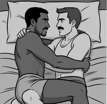 2 males in bed with arms across each other