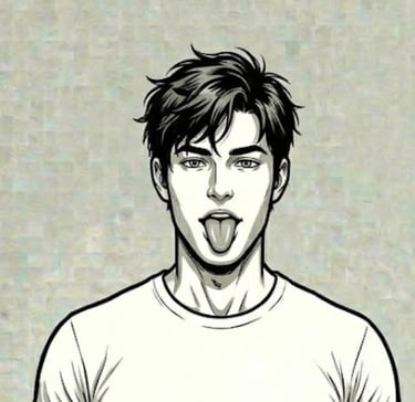 male with shaggy hair with tongue out