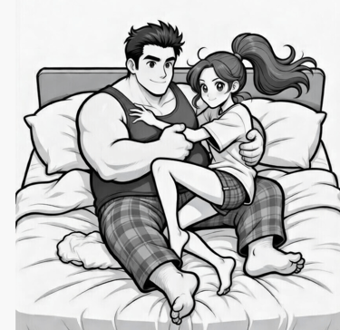male cartoon on bed with female cartoon
