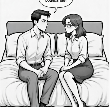 a mele asking female cartoon what are your boundaries? Clothed sitting on edge of bed. and female
